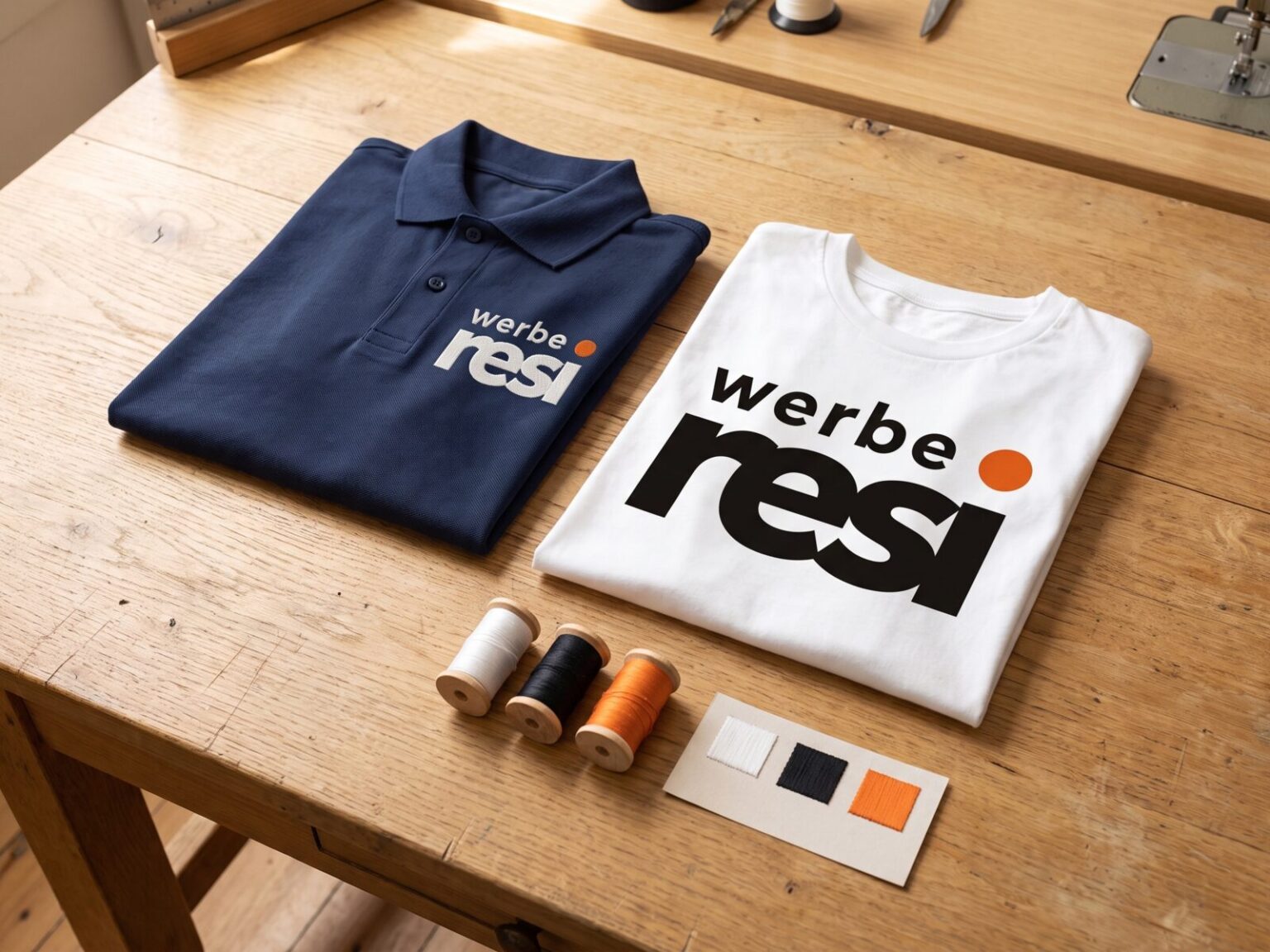 Gefaltetes Navy-Polo mit gesticktem Werbe-Resi-Logo und weißes T-Shirt mit Druck auf einer Werkbank, daneben Garnrollen